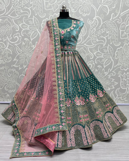 Pastel Color Velvet Embroidered Teal Lehenga choli