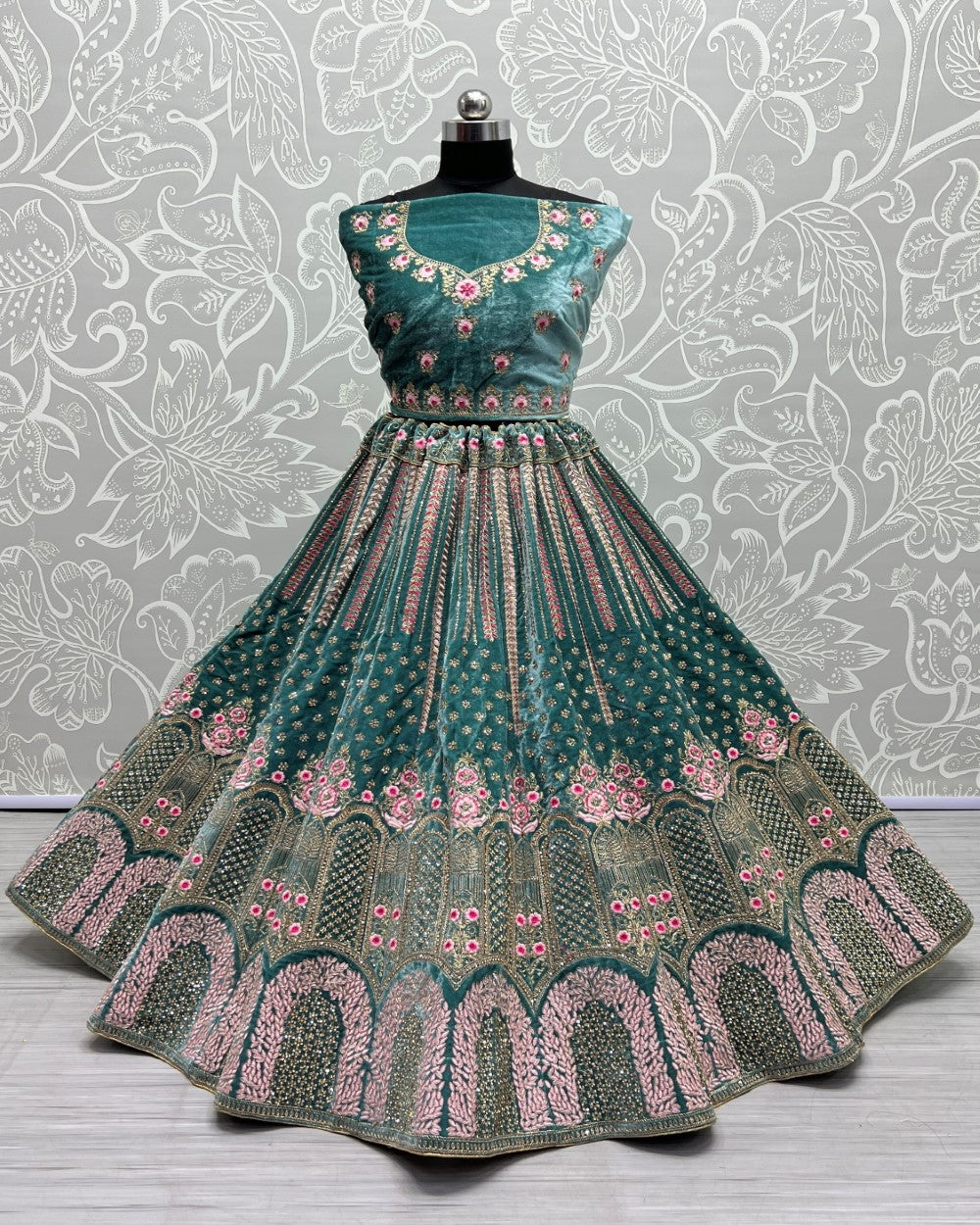 Pastel Color Velvet Embroidered Teal Lehenga choli