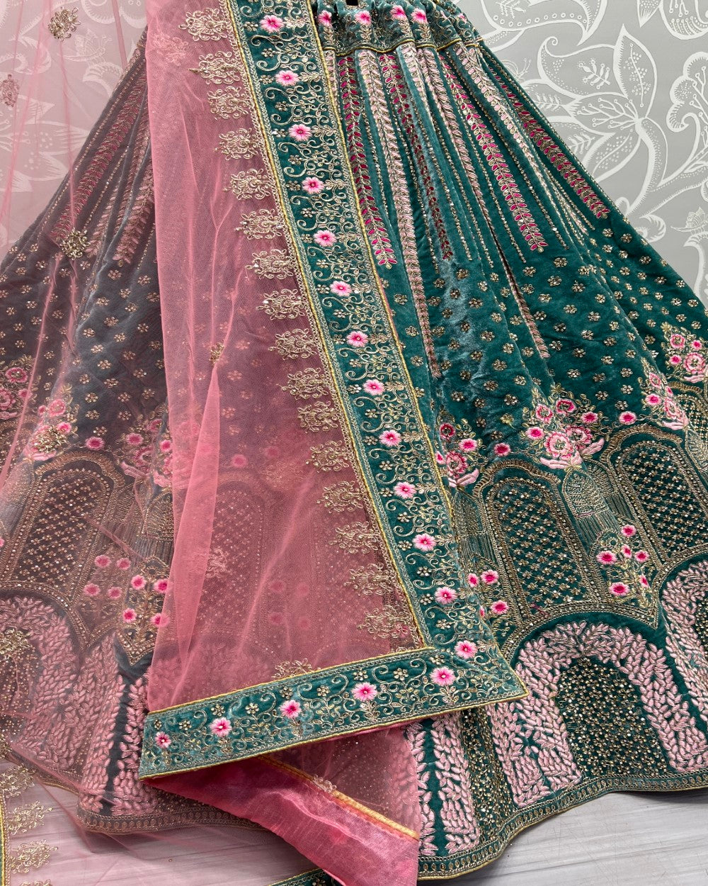 Pastel Color Velvet Embroidered Teal Lehenga choli