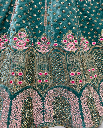 Pastel Color Velvet Embroidered Teal Lehenga choli