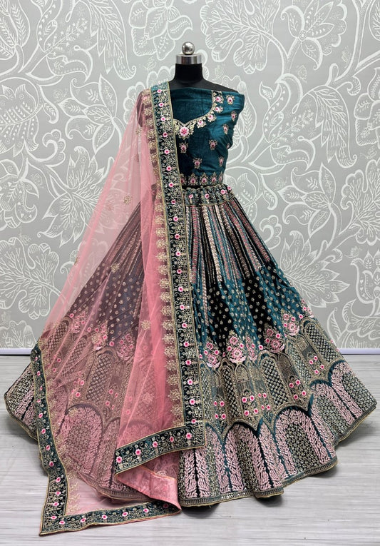 Dark Range in Velvet Embroidered with full of Zircon Diamond studded Lehenga choli Teal