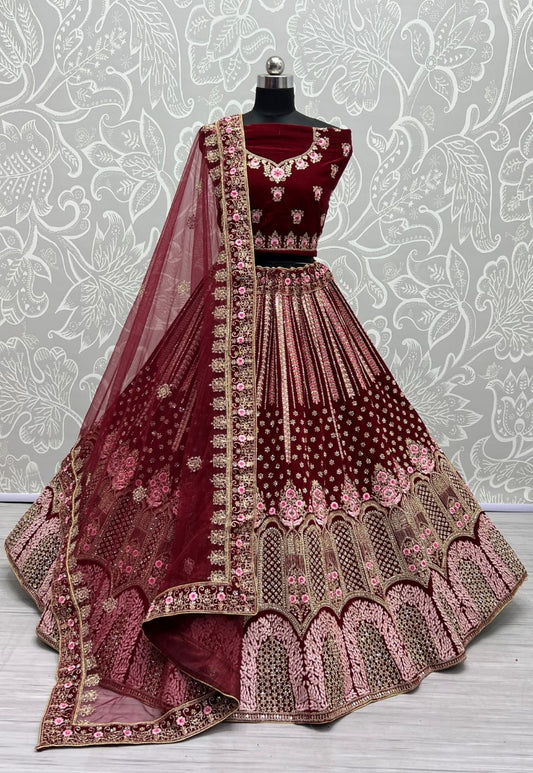 Dark Range in Velvet Embroidered with full of Zircon Diamond studded Lehenga choli Marron