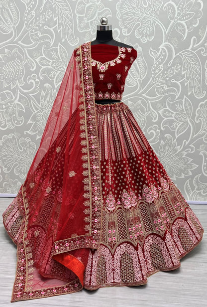 Dark Range in Velvet Embroidered with full of Zircon Diamond studded Lehenga choli Red