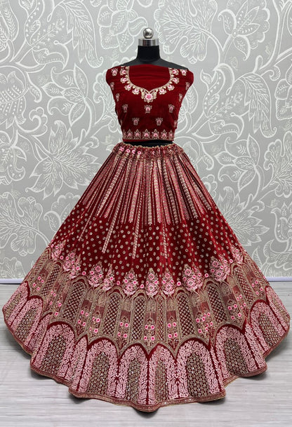 Dark Range in Velvet Embroidered with full of Zircon Diamond studded Lehenga choli Red