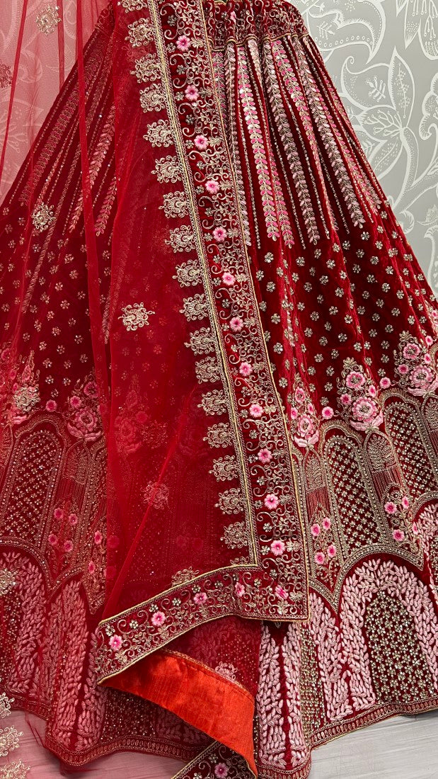 Dark Range in Velvet Embroidered with full of Zircon Diamond studded Lehenga choli Red