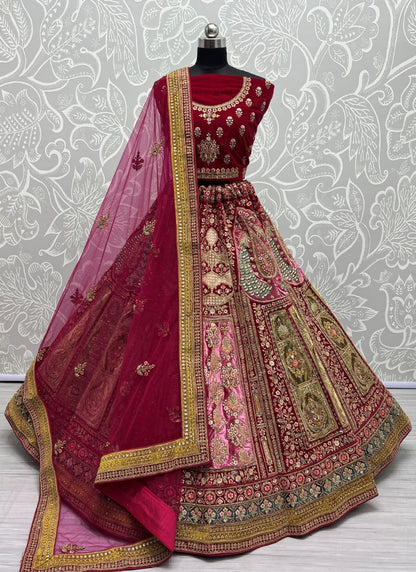 Heavy Patch Work Embroidered Designed Rani Pink Lehengacholi