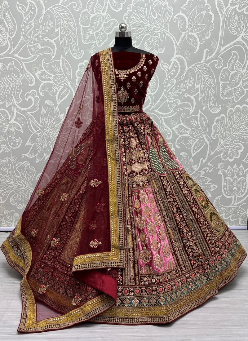 Heavy Patch Work Embroidered Designed Maroon Lehengacholi