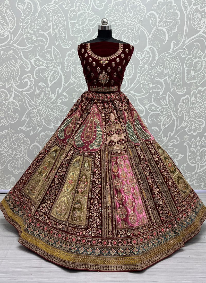 Heavy Patch Work Embroidered Designed Maroon Lehengacholi