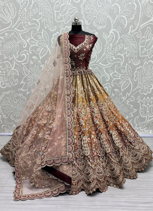 Padded Velvet Crafted Designer Embroidered with sequins Touch up Mustard Lehengacholi