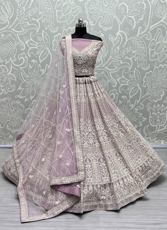 Five Meter Flaired Cotton Thread and sequins Embroidered Designer Pyazi Lehengacholi