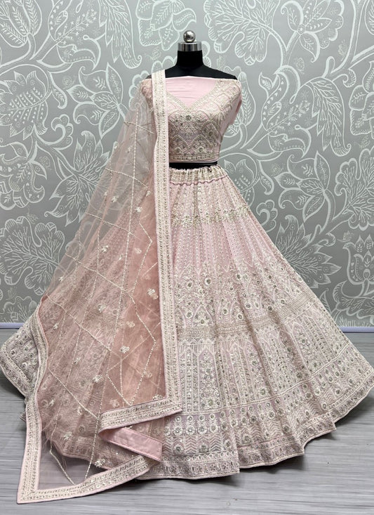 Five Meter Flaired Cotton Thread and sequins Embroidered Designer Peach Lehengacholi