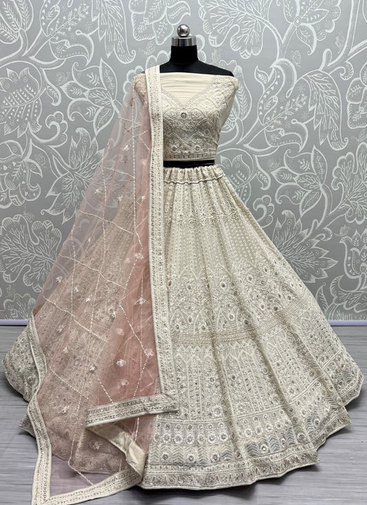 Five Meter Flaired Cotton Thread and sequins Embroidered Designer White Lehengacholi