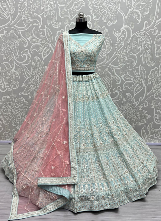 Five Meter Flaired Cotton Thread and sequins Embroidered Designer Sky Lehengacholi