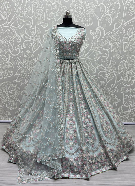 Pastel Sequins Combine Flower Pattern Exceptionally Designed Sky Lehengacholi