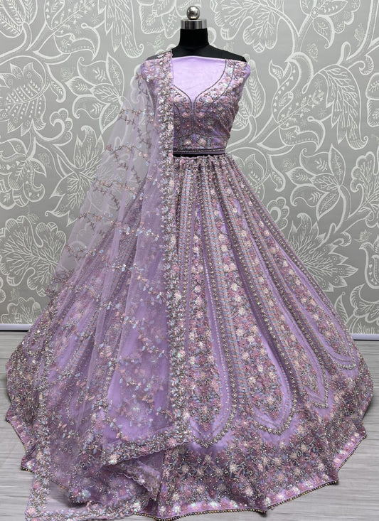 Pastel Sequins Combine Flower Pattern Exceptionally Designed Lavender Lehengacholi