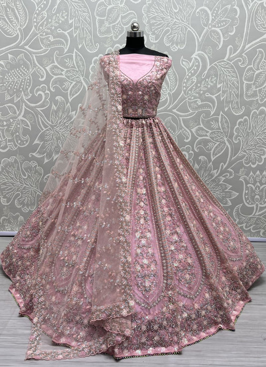 Pastel Sequins Combine Flower Pattern Exceptionally Designed Pink Lehengacholi