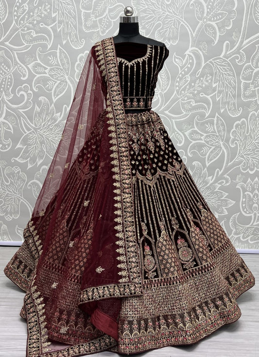 Heavy work Embroidered Dark Maroon Velvet Lehenga choli