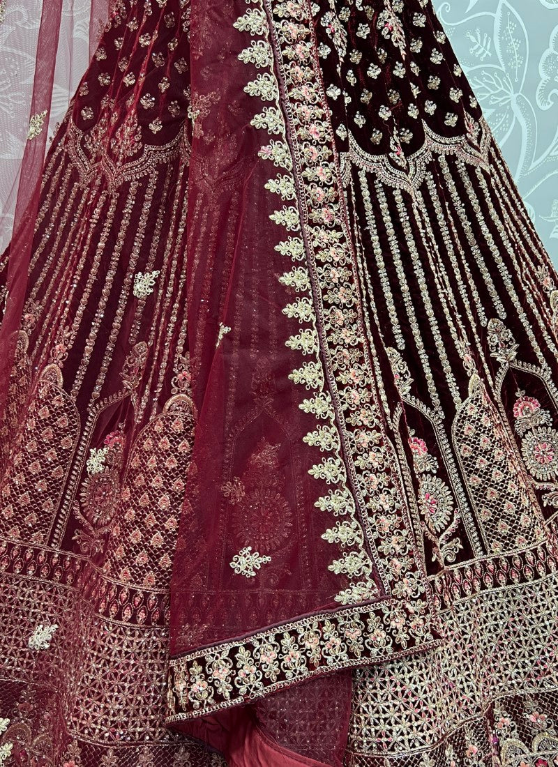 Heavy work Embroidered Dark Maroon Velvet Lehenga choli