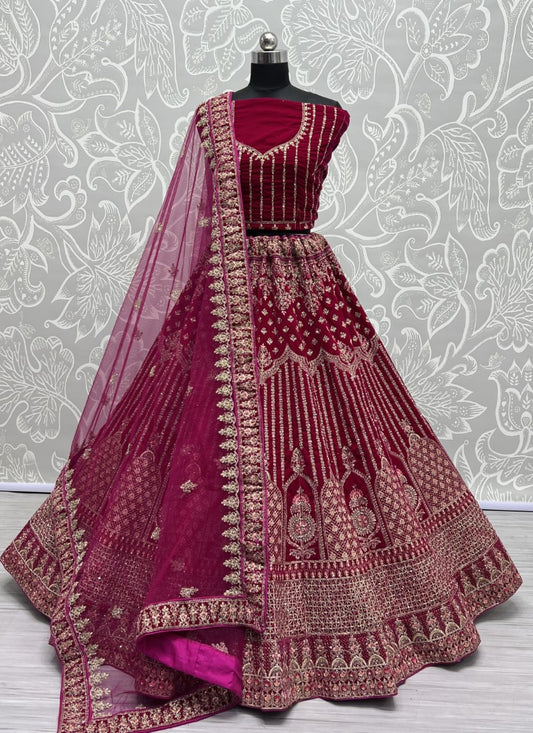 Heavy work Embroidered Rani Pink Velvet Lehenga choli