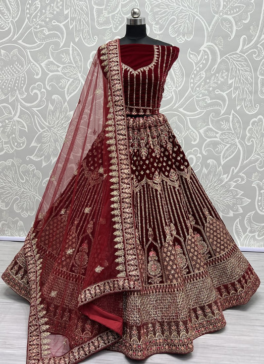 Heavy work Embroidered Maroon Velvet Lehenga choli