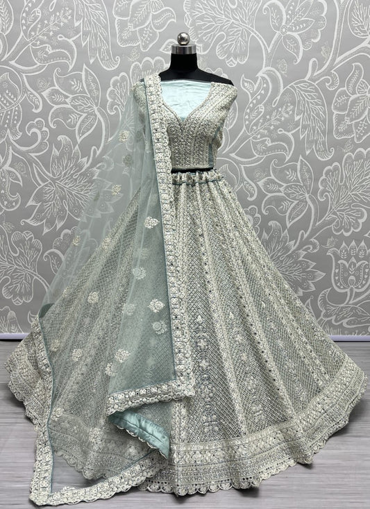 Neatly Dori and Sequin combine Crafted Partywear Aqua Lehenga choli