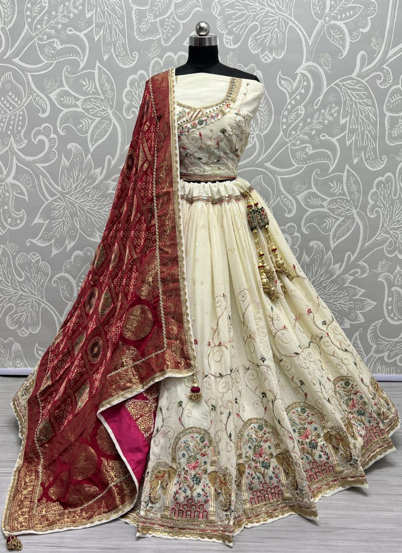 Gajraj Embroidered Pure Georgette Lehengacholi with Azrak Print Gajji Silk Dupatta