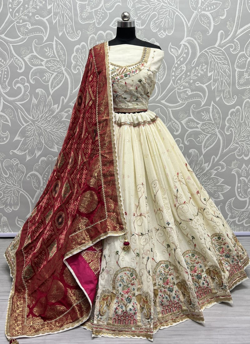 Gajraj Embroidered Pure Georgette Lehengacholi with Azrak Print Gajji Silk Dupatta