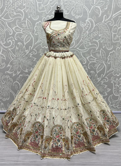 Gajraj Embroidered Pure Georgette Lehengacholi with Azrak Print Gajji Silk Dupatta