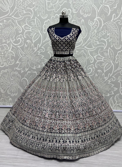 Chapat Zari and cotton Thread Embroidered Beautiful blue shade Blue Lehengacholi