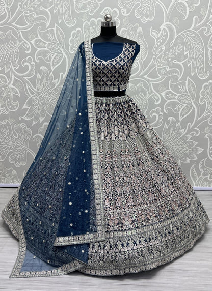 Chapat Zari and cotton Thread Embroidered Beautiful blue shade Morpich Lehengacholi