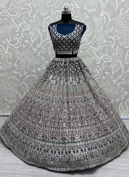 Chapat Zari and cotton Thread Embroidered Beautiful blue shade Morpich Lehengacholi