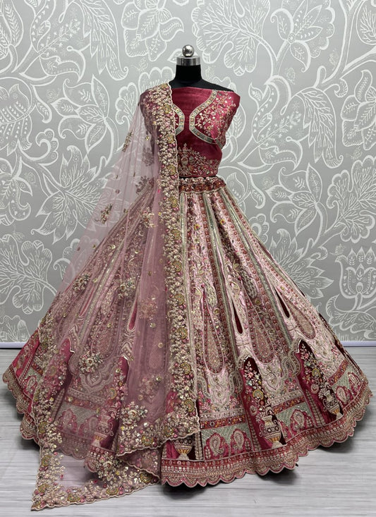 Heavy Velvet Patch Embroidered Handwork look Designer Bridal Peach Lehengacholi