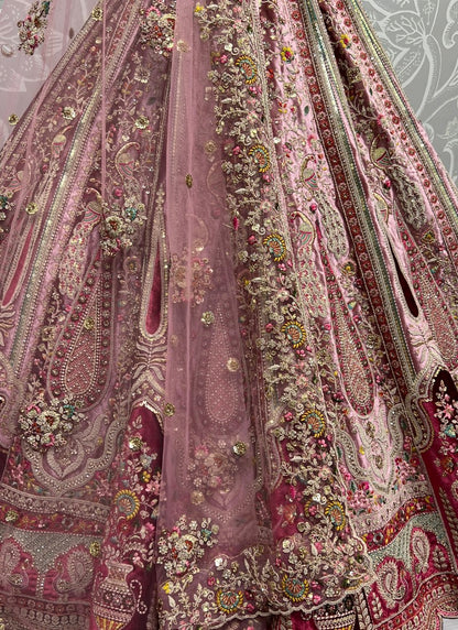 Heavy Velvet Patch Embroidered Handwork look Designer Bridal Peach Lehengacholi