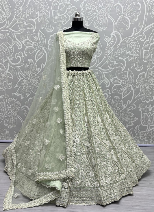 Dori and Zircon Diamond Combine Designer Partywear Mint Lehengacholi