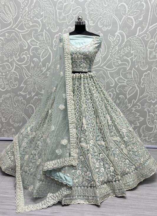 Dori and Zircon Diamond Combine Designer Partywear Aqua Lehengacholi