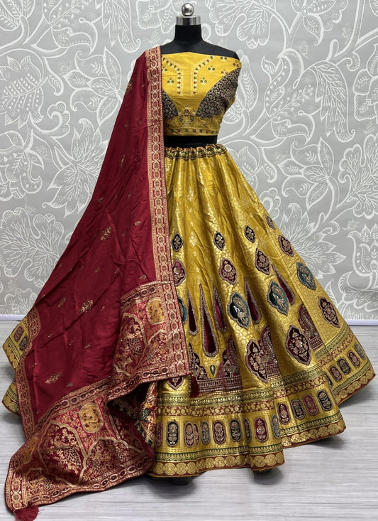 Velvet Embroidered Patch work on Banarasi Fabric Designer Partywear Lehenga choli Golden