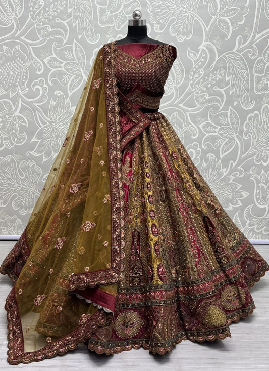 Fancy Embroidered with Crafted Designer bridal Lehengacholi Mustard