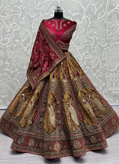 Fabulously Peacock Pattern work on Velvet Designer Lehengacholi with Beautiful blouse Mustard