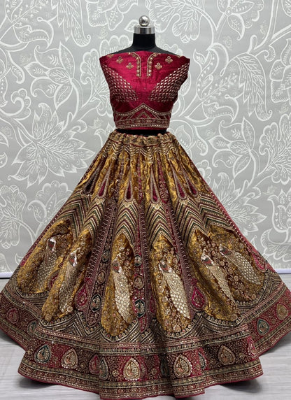 Fabulously Peacock Pattern work on Velvet Designer Lehengacholi with Beautiful blouse Mustard