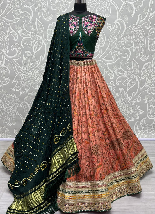 Meena Silk Carfted Printed Lehenga with Pure Bandhani Dupatta style partywear Lehengacholi Peach