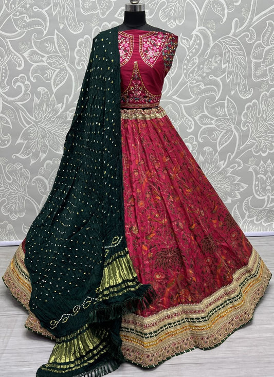 Meena Silk Carfted Printed Lehenga with Pure Bandhani Dupatta style partywear Lehengacholi Pink