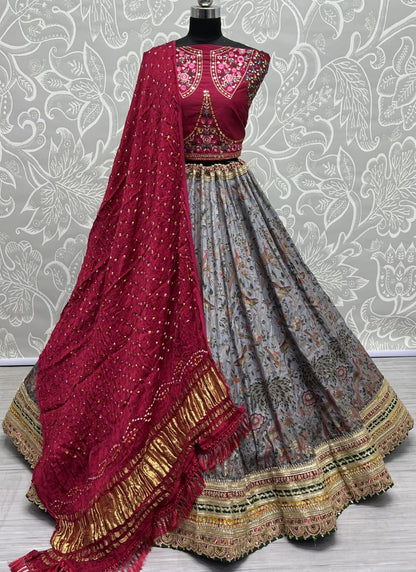 Meena Silk Carfted Printed Lehenga with Pure Bandhani Dupatta style partywear Lehengacholi Grey