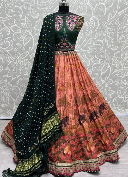 Exclusive Print and Beautiful sober Embroidered Lacework Lehengacholi with Pure Bandhani Dupatta Orange