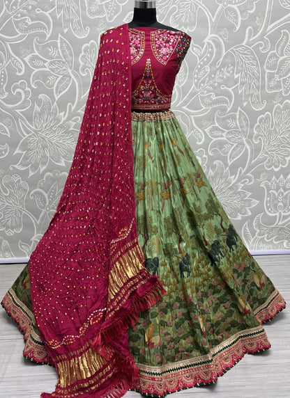 Exclusive Print and Beautiful sober Embroidered Lacework Lehengacholi with Pure Bandhani Dupatta Lite Green