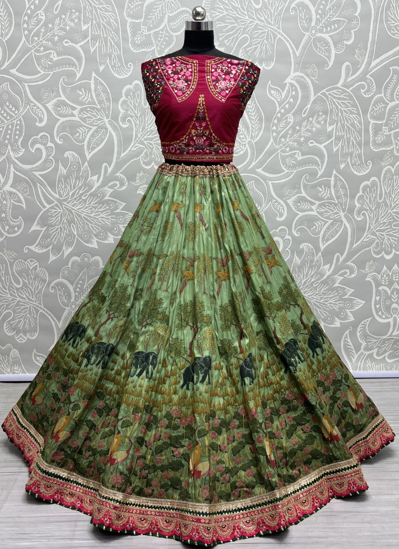 Exclusive Print and Beautiful sober Embroidered Lacework Lehengacholi with Pure Bandhani Dupatta Lite Green