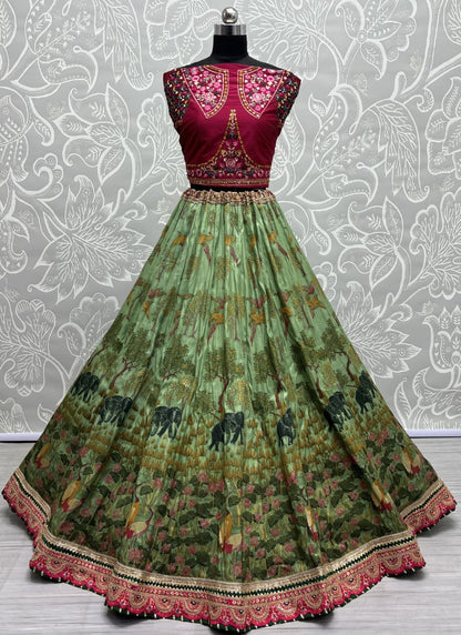 Exclusive Print and Beautiful sober Embroidered Lacework Lehengacholi with Pure Bandhani Dupatta Lite Green