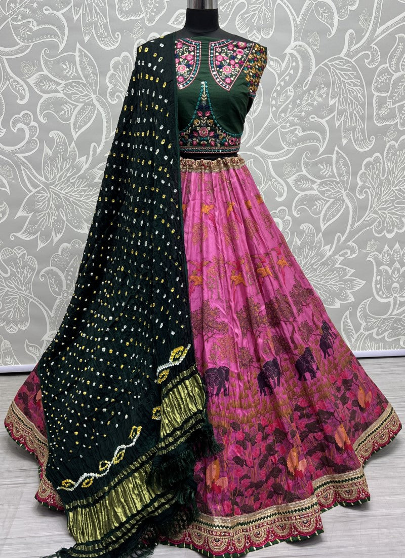 Exclusive Print and Beautiful sober Embroidered Lacework Lehengacholi with Pure Bandhani Dupatta Pink