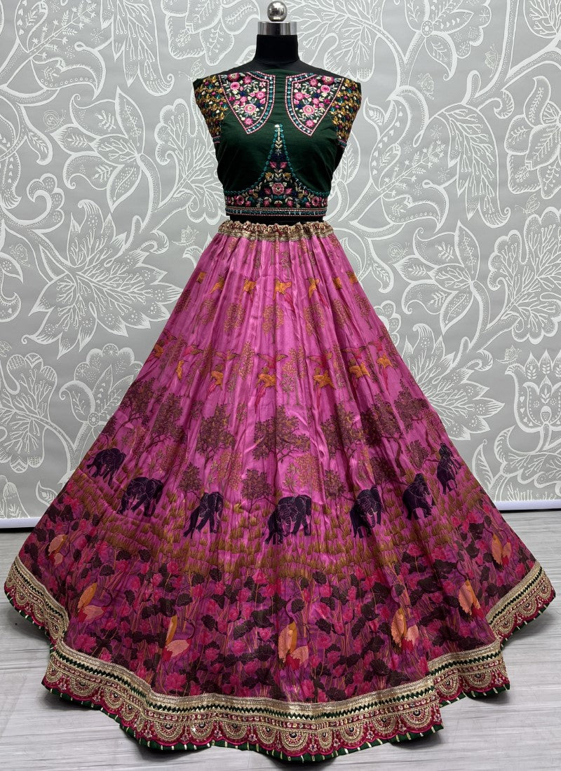 Exclusive Print and Beautiful sober Embroidered Lacework Lehengacholi with Pure Bandhani Dupatta Pink