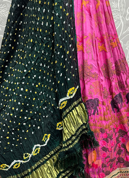 Exclusive Print and Beautiful sober Embroidered Lacework Lehengacholi with Pure Bandhani Dupatta Pink