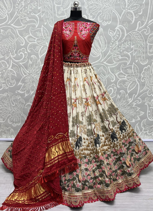 Exclusive Print and Beautiful sober Embroidered Lacework Lehengacholi with Pure Bandhani Dupatta White